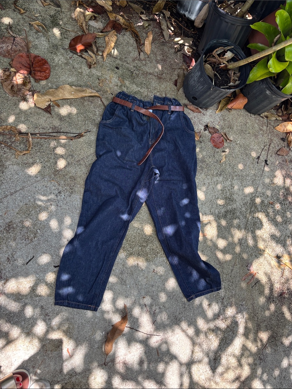 Zara Dark Blue Denim Paperbag Waist Jeans with Brown Belt - Picture 1 of 3